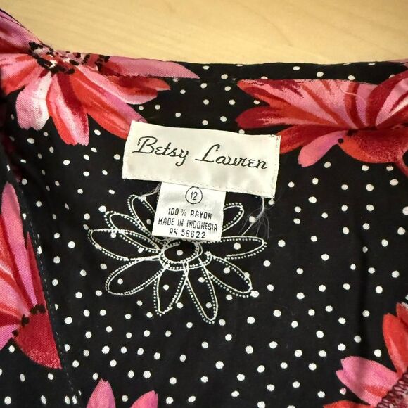 Late 90s charming black and pink floral midi dress by Betsy Lauren - Picture 8 of 8